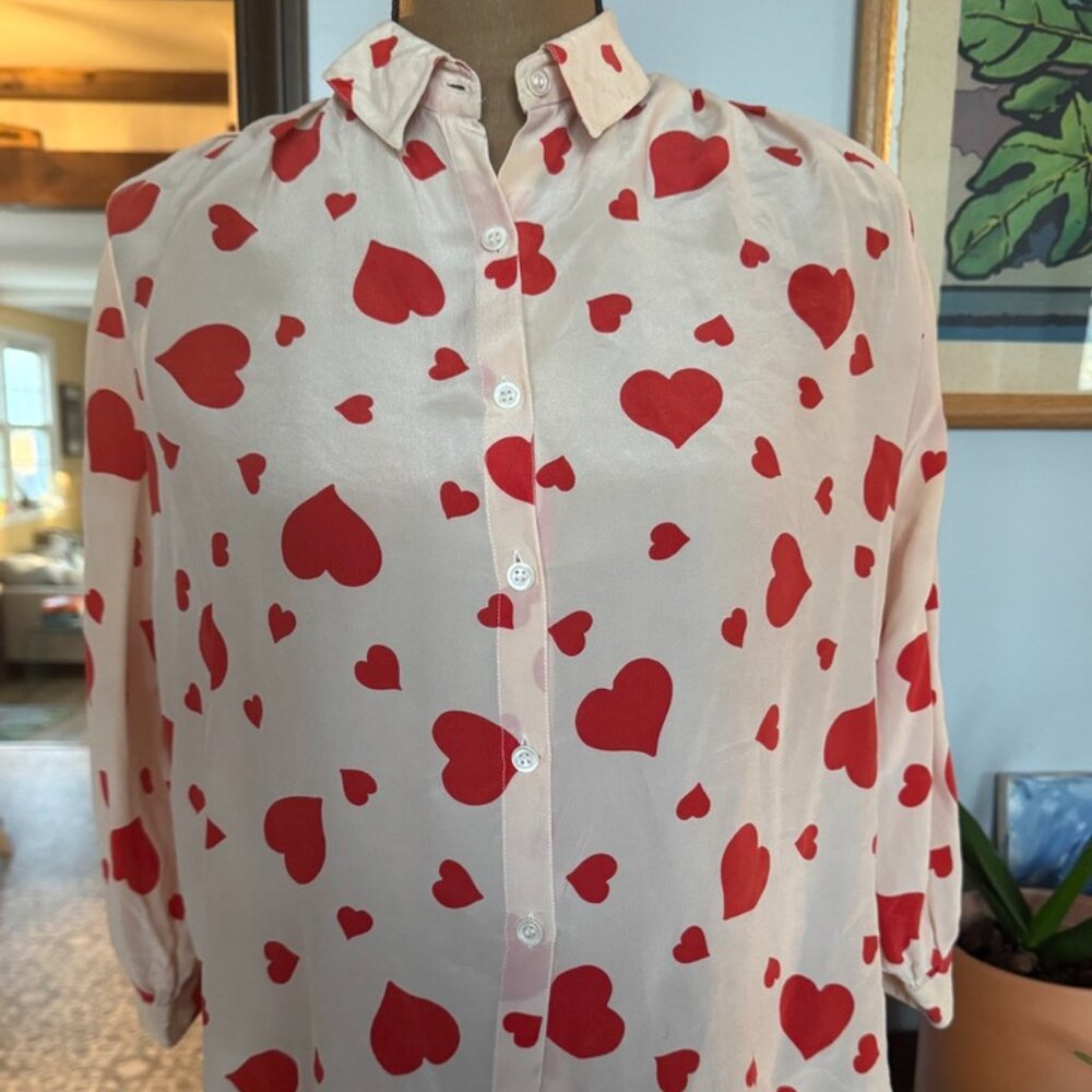 Rare 1980s/ 1990s Jabé French Boxy Silk Blouse Andrea Behar bold heart design